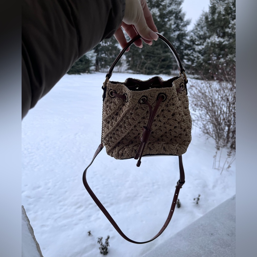 Tory Burch Tan Woven Bucket Crossbody Bag